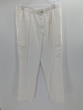 CARIBBEAN White Linen Elastic Waist Pants Drawstring Travel Beach Lounge 42